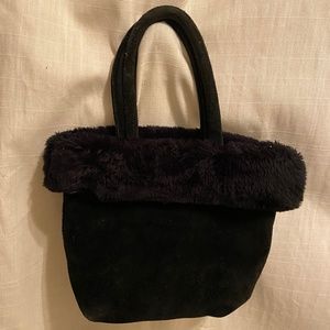 Black leather purse fuzzy trim fur